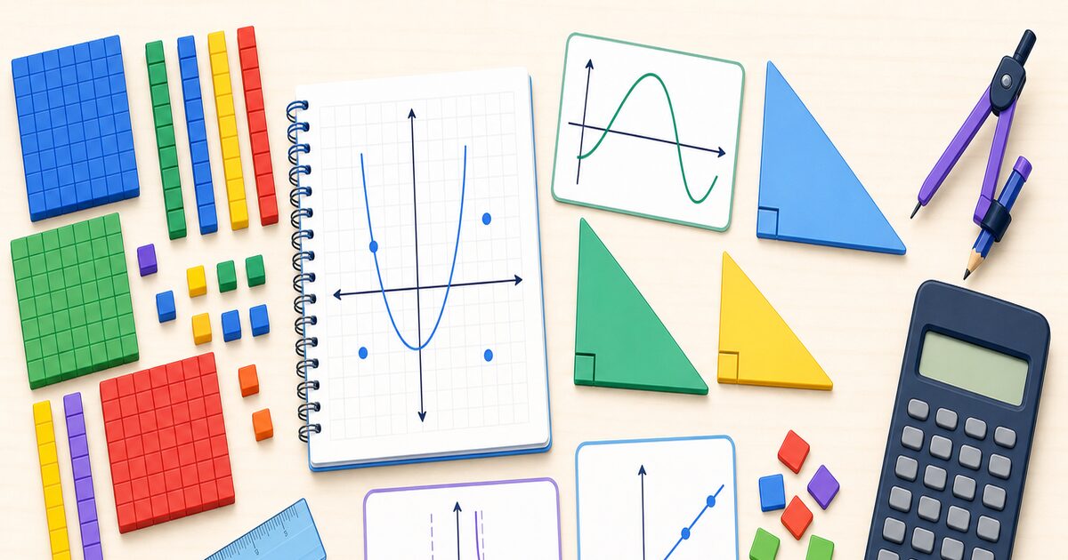 Grade 10 math workspace with graphs, right triangles, algebra tiles, blank graph cards, and calculator tools