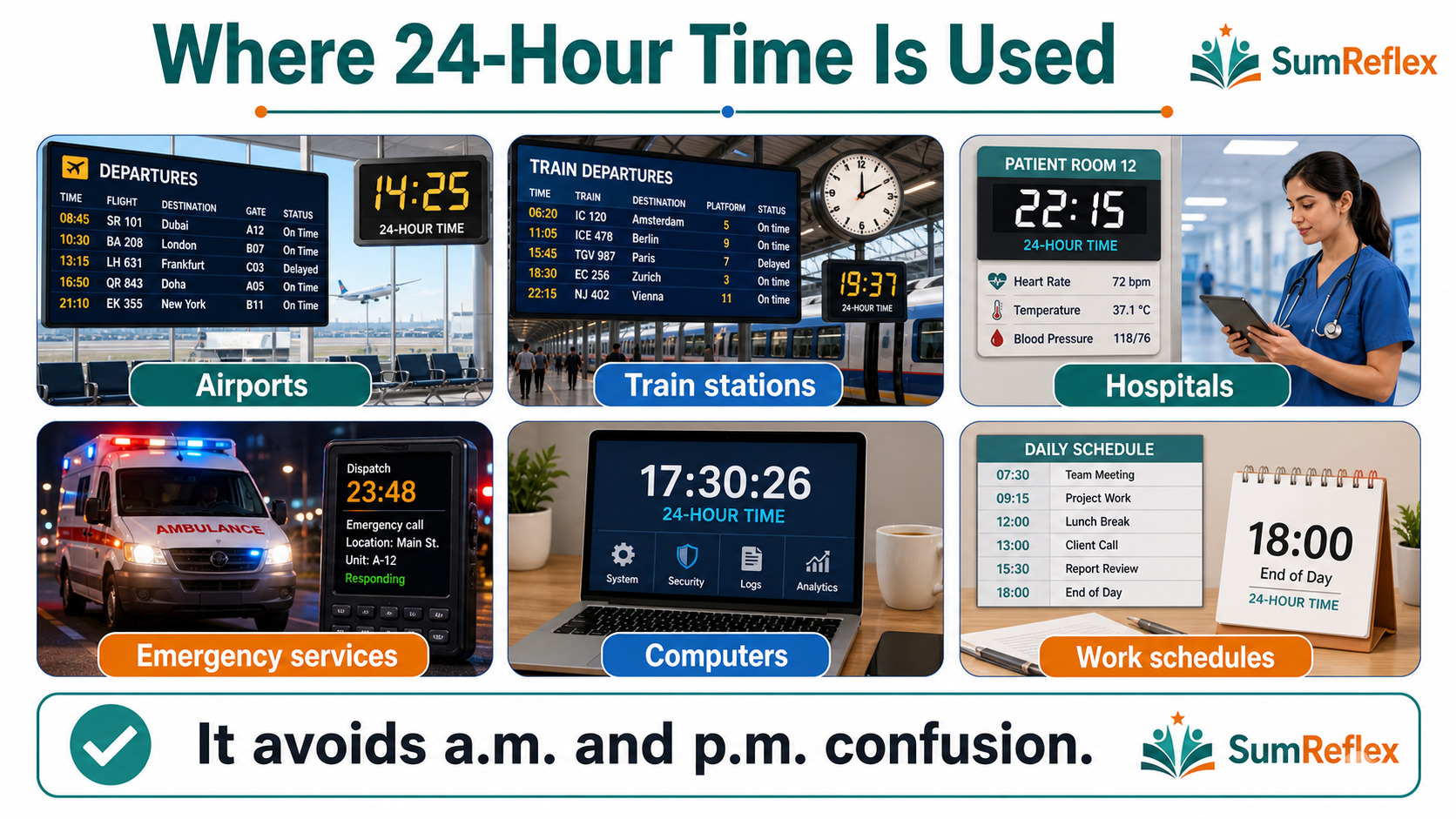 Examples of where 24-hour time is used including airports, train stations, hospitals, emergency services, computers, and work schedules