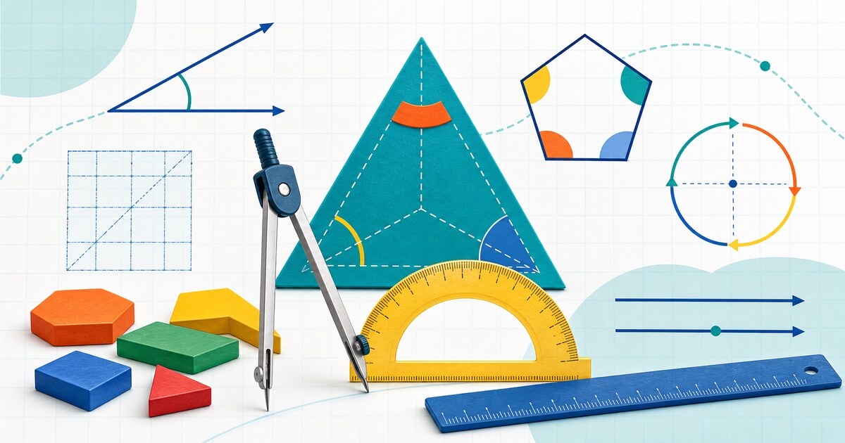 Grade 4 geometry lesson workspace with compass, protractor, ruler, polygons, rays, and angle diagrams