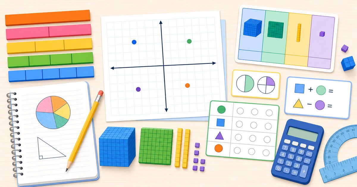 Grade 6 math workspace with fractions, coordinate grid, data chart, equations, and geometry tools