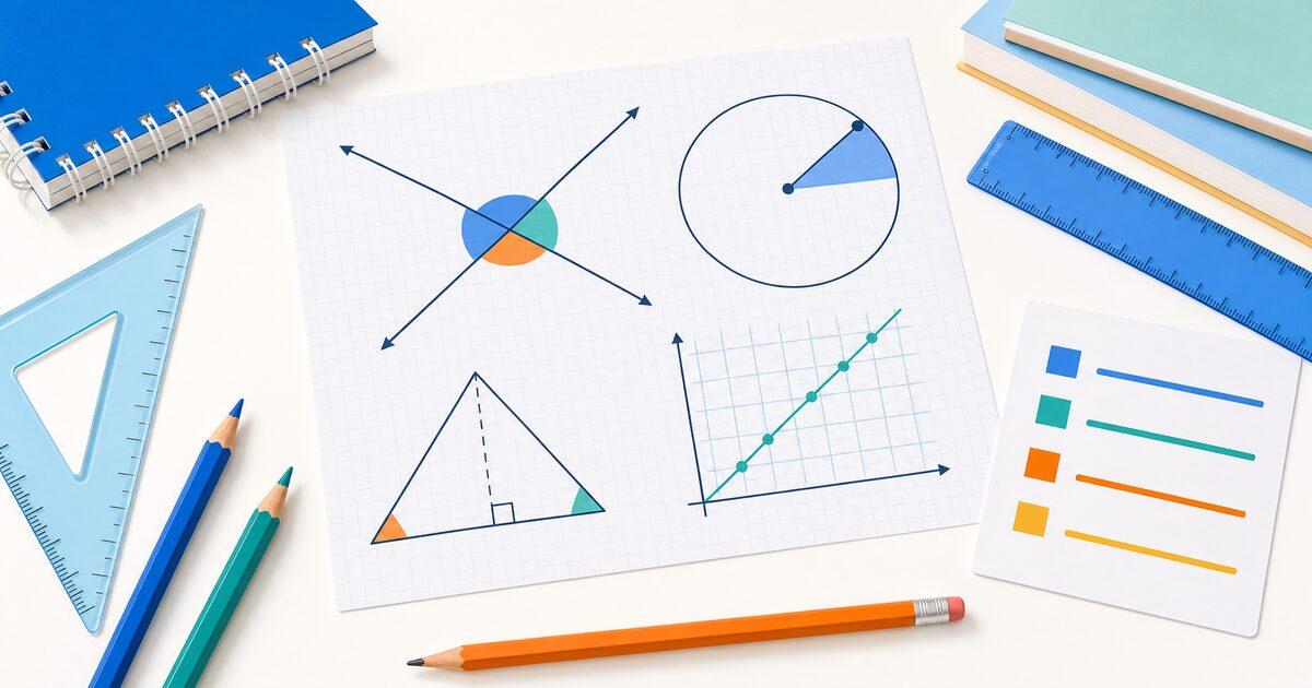 Grade 7 geometry workspace with angle diagrams, graph models, and classroom tools