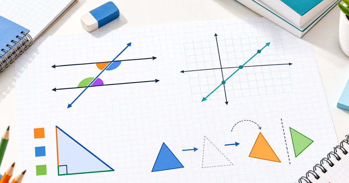 Grade 8 geometry workspace with parallel lines, graph models, triangles, and transformation diagrams
