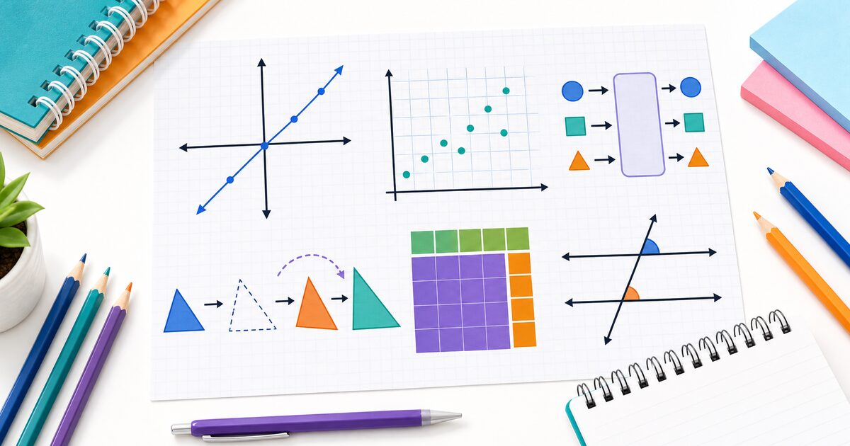 Grade 8 math workspace with graphs, data plots, function diagrams, transformations, tile models, and angle diagrams