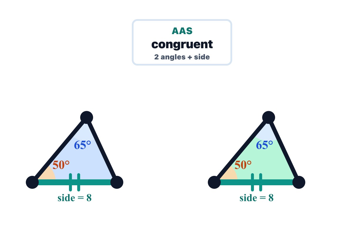 Two congruent AAS triangles with given angles of 50 and 65 degrees and a matching non-included side of 8.