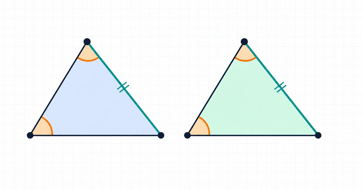 Two congruent triangles with two matching angles and one matching non-included side highlighted