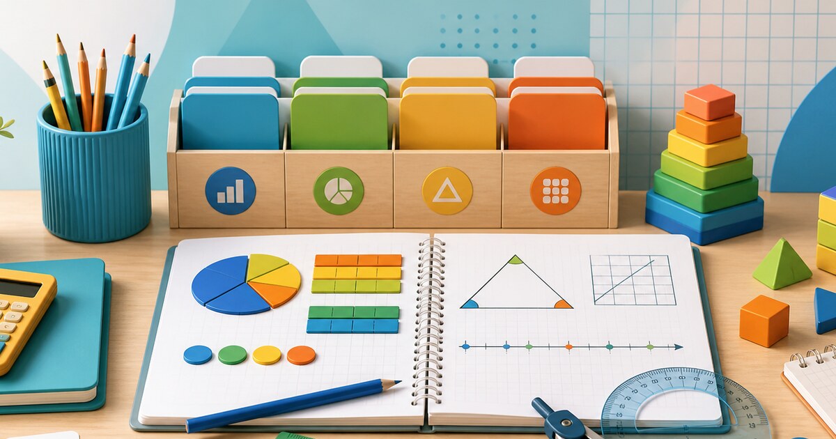 Organized math lesson workspace with folders, manipulatives, diagrams, and classroom tools