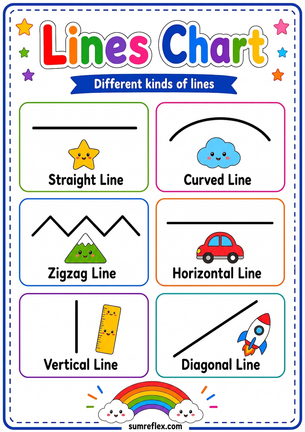 Printable lines chart showing straight, curved, zigzag, horizontal, vertical, and diagonal lines
