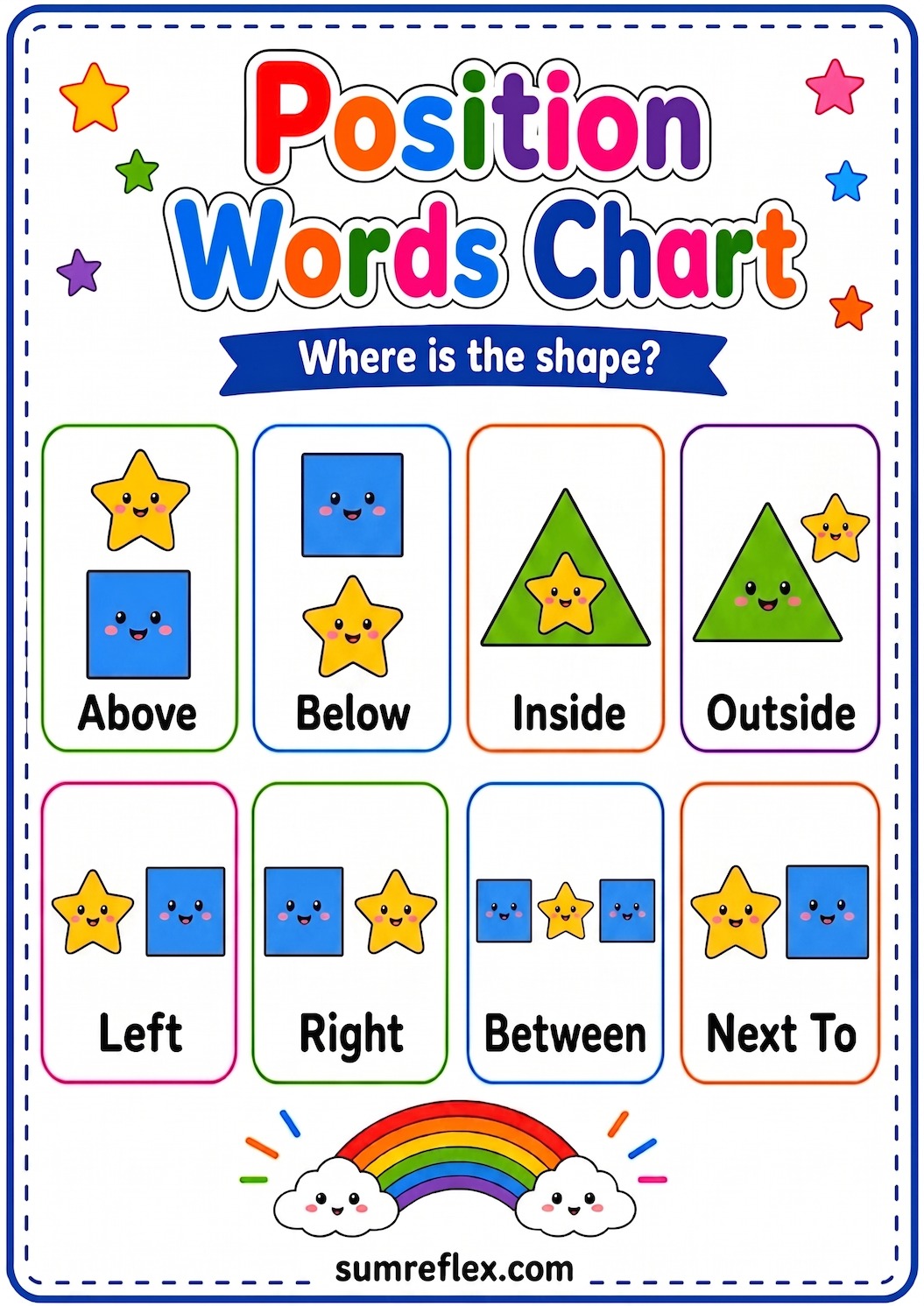 Printable position words geometry chart showing above, below, inside, outside, left, right, between, and next to