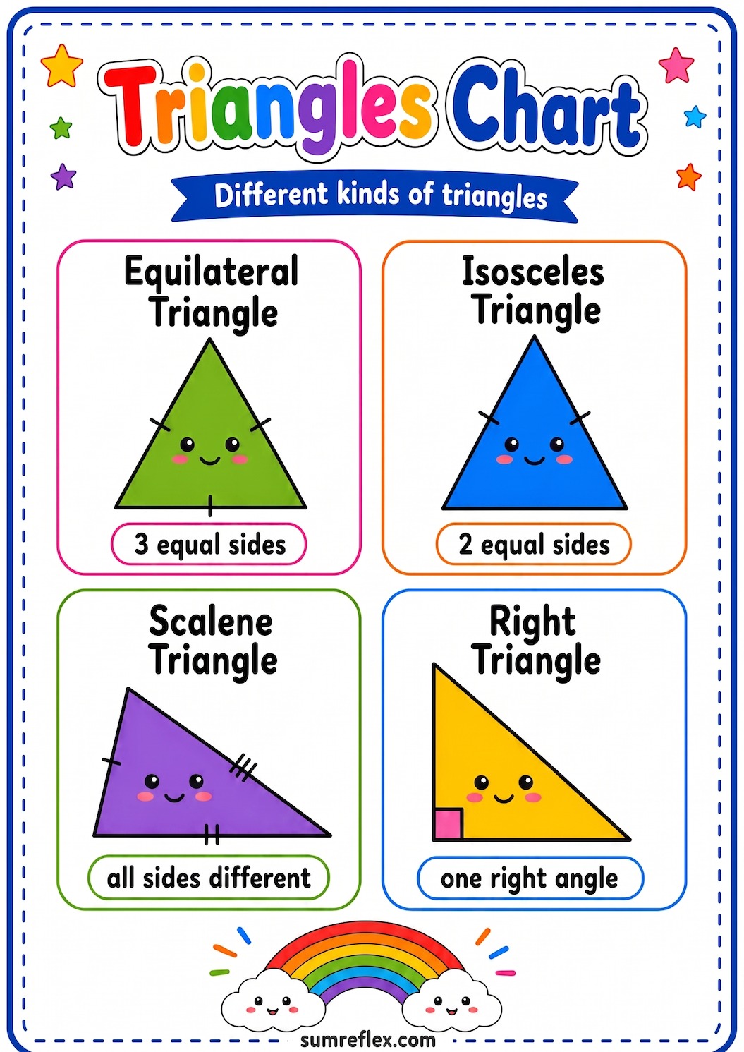 Printable triangles chart showing equilateral, isosceles, scalene, and right triangle