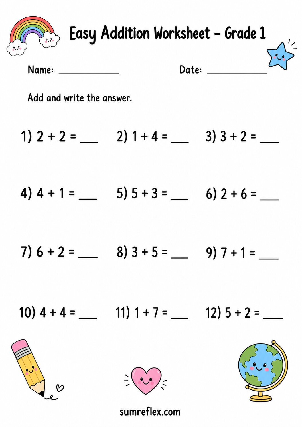Doubles and near doubles addition worksheet for Grade 1 with paired fact practice