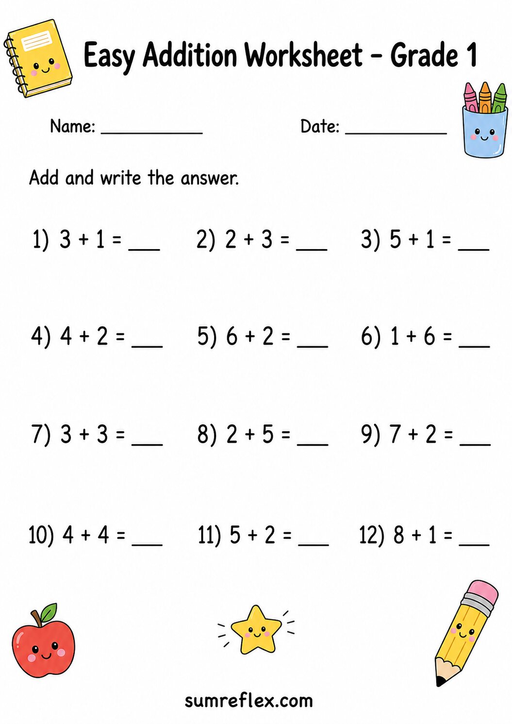 Addition facts to 10 worksheet for Grade 1 with classroom-style answer lines