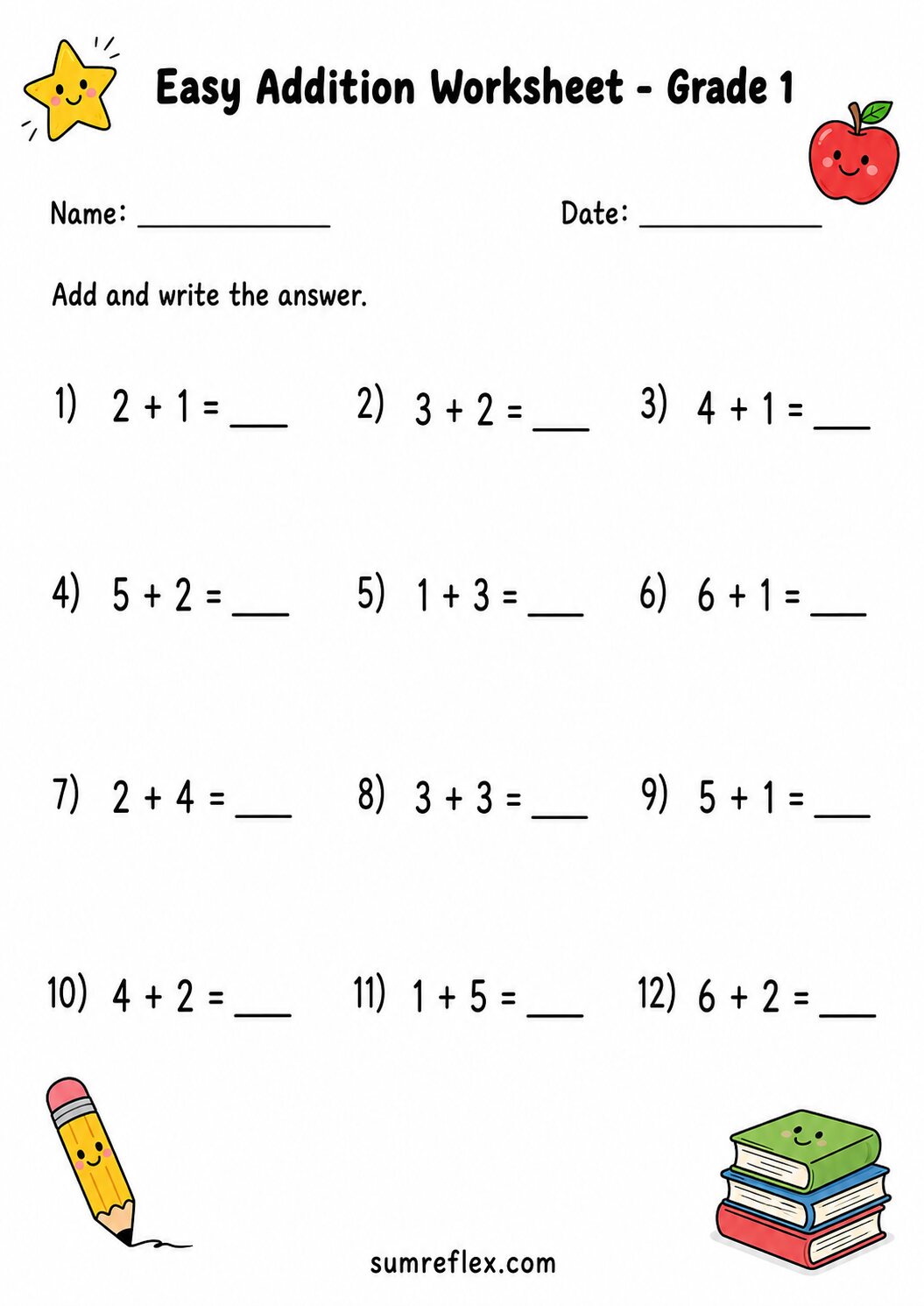 Grade 1 addition worksheet with small facts, answer blanks, and classroom decorations