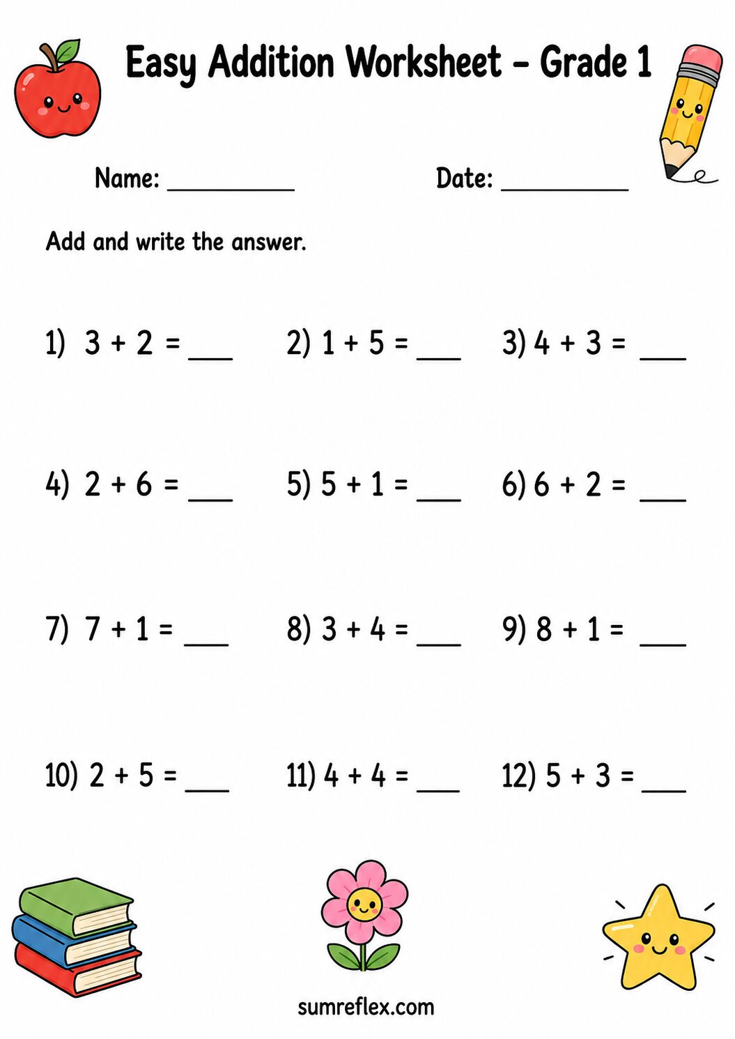 Addition facts to 8 practice worksheet for first grade with low sums and answer blanks