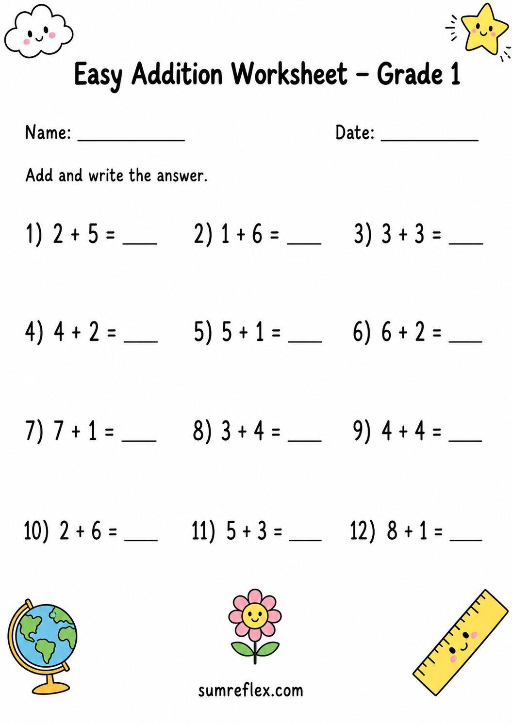 Grade 1 warmup worksheet for addition facts to 8 with simple answer blanks