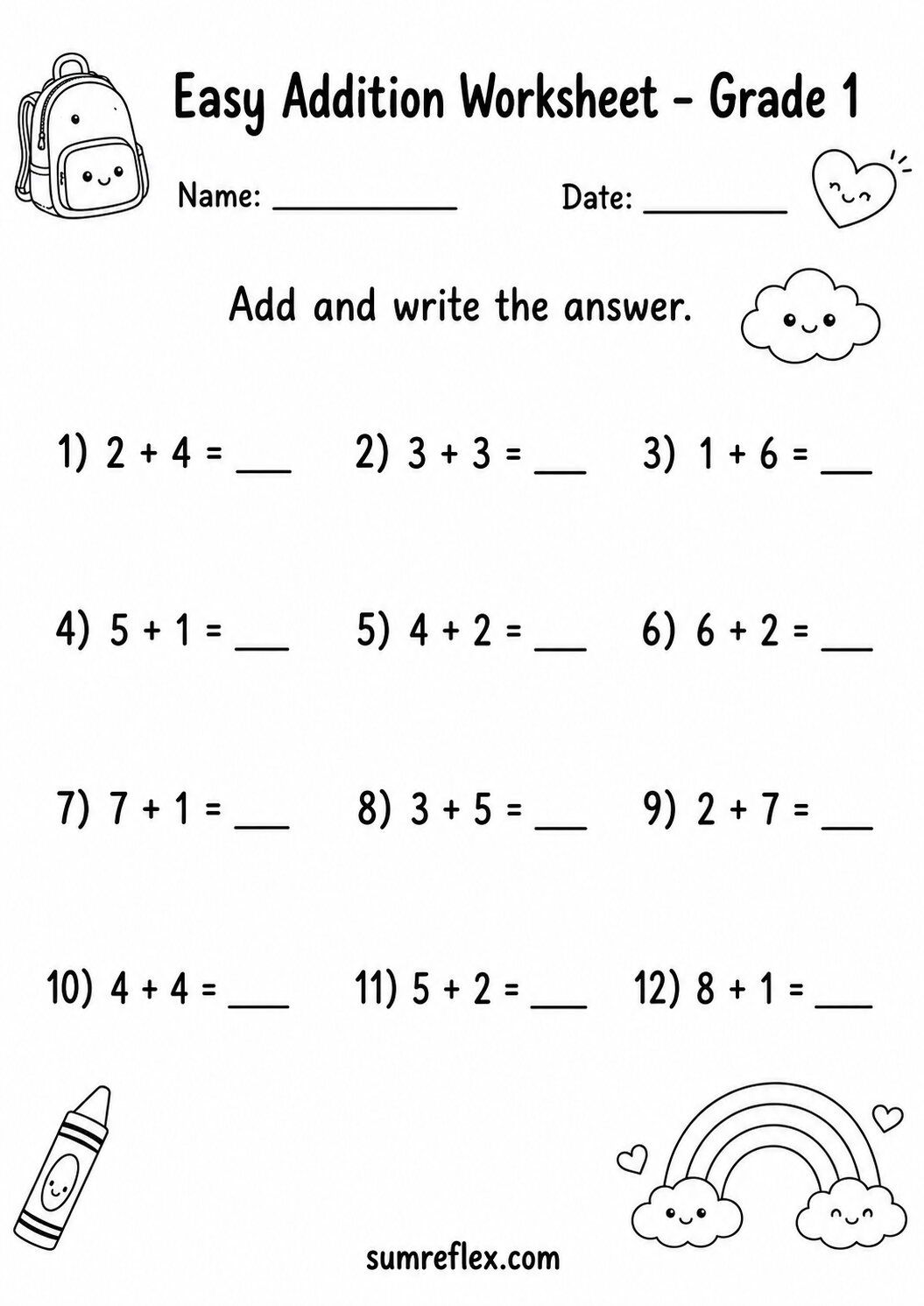 Grade 1 addition fluency worksheet with facts to 9 and spaced answer boxes