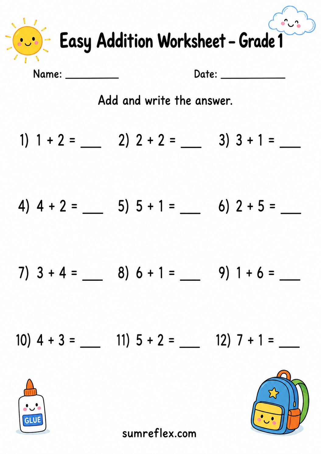 Grade 1 worksheet for addition facts to 9 with simple equations and writing spaces