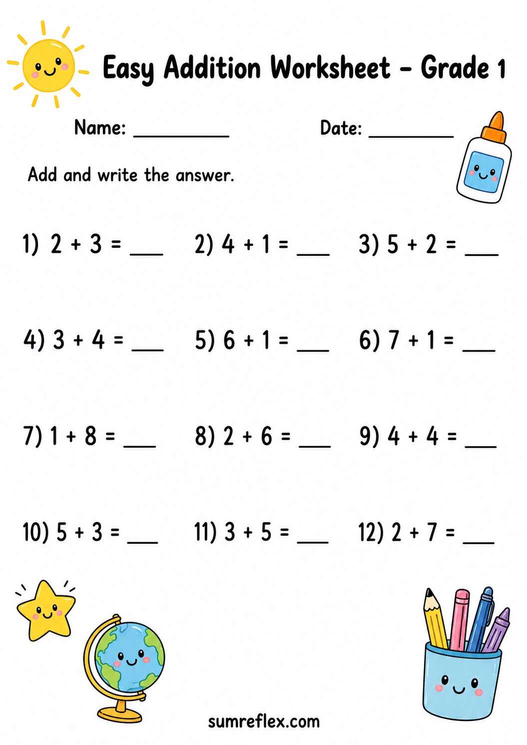 Grade 1 addition facts to 9 review worksheet with small equations and answer spaces