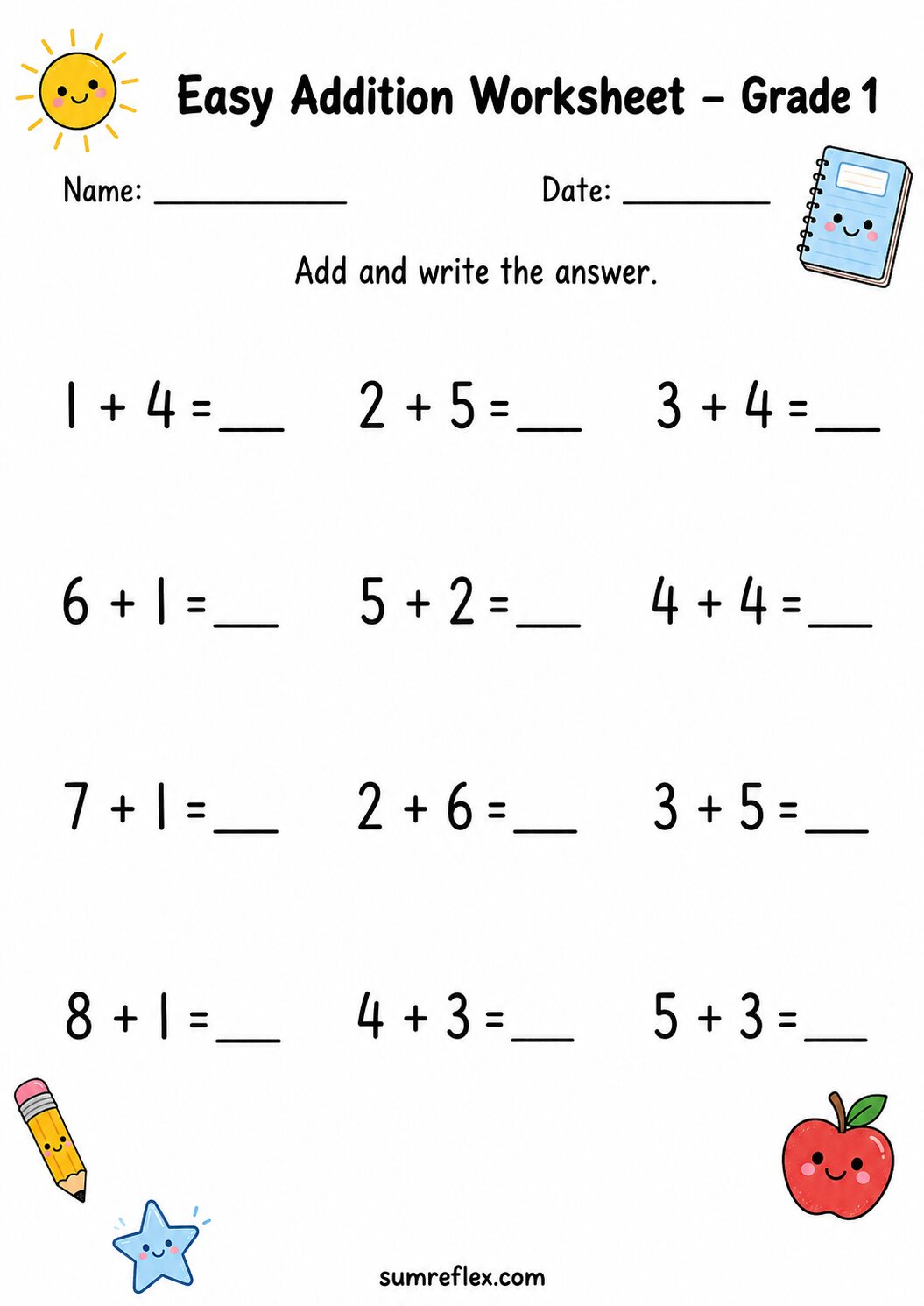 Addition sums to 9 worksheet for Grade 1 with mixed fact rows