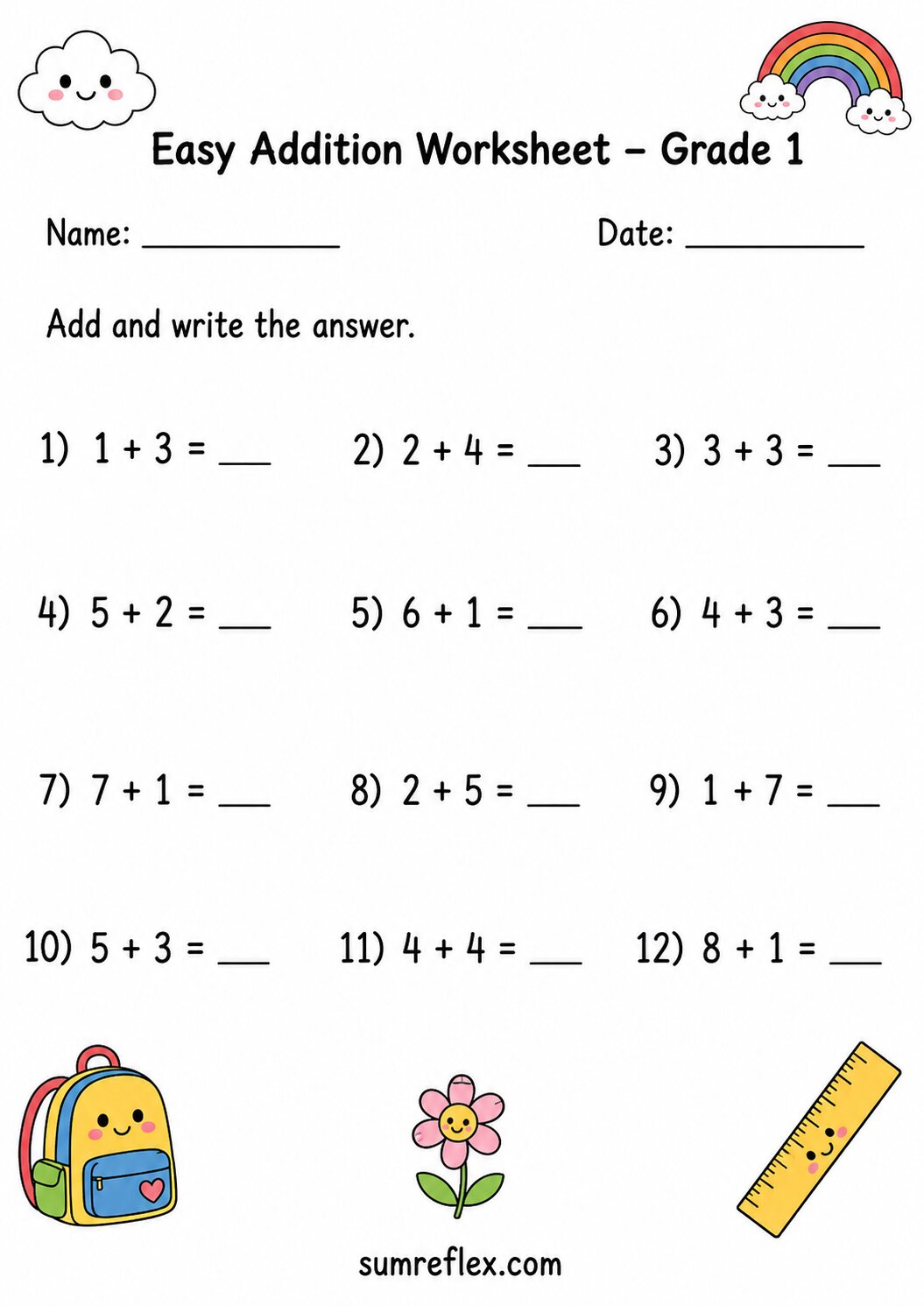 Mixed Grade 1 addition facts worksheet with varied addends and blank sum boxes