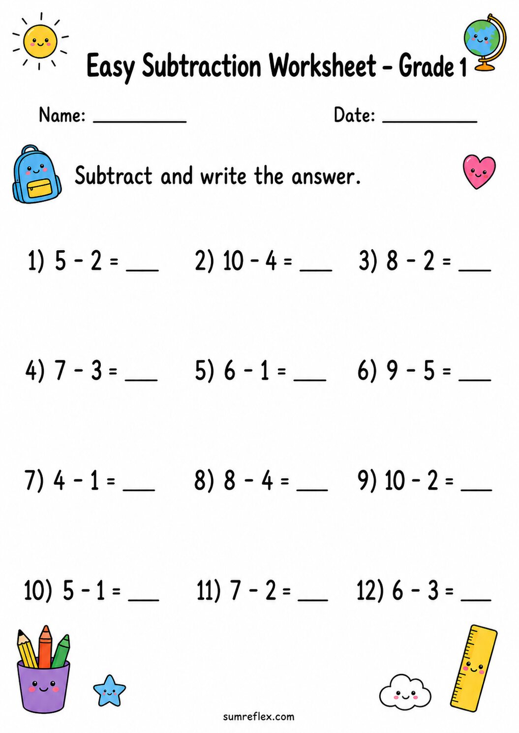 Mixed subtraction to 10 worksheet for first grade with varied take-away problems