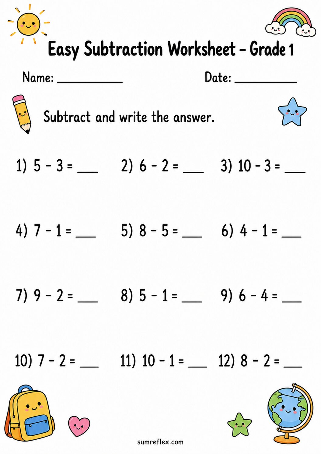Grade 1 subtraction fact fluency worksheet with varied facts and answer blanks