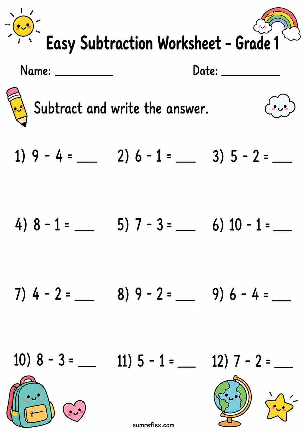 Grade 1 subtraction facts review worksheet with short equations and answer lines