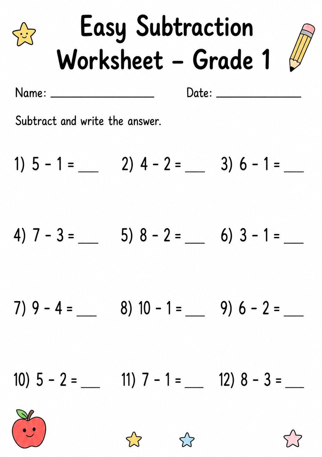 Grade 1 subtraction facts within 10 worksheet with simple equations and answer spaces