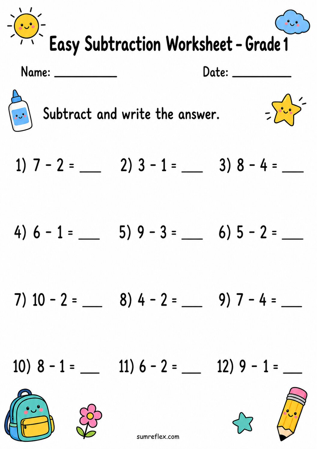 Subtraction from 10 worksheet for Grade 1 with take-away facts and blank answers