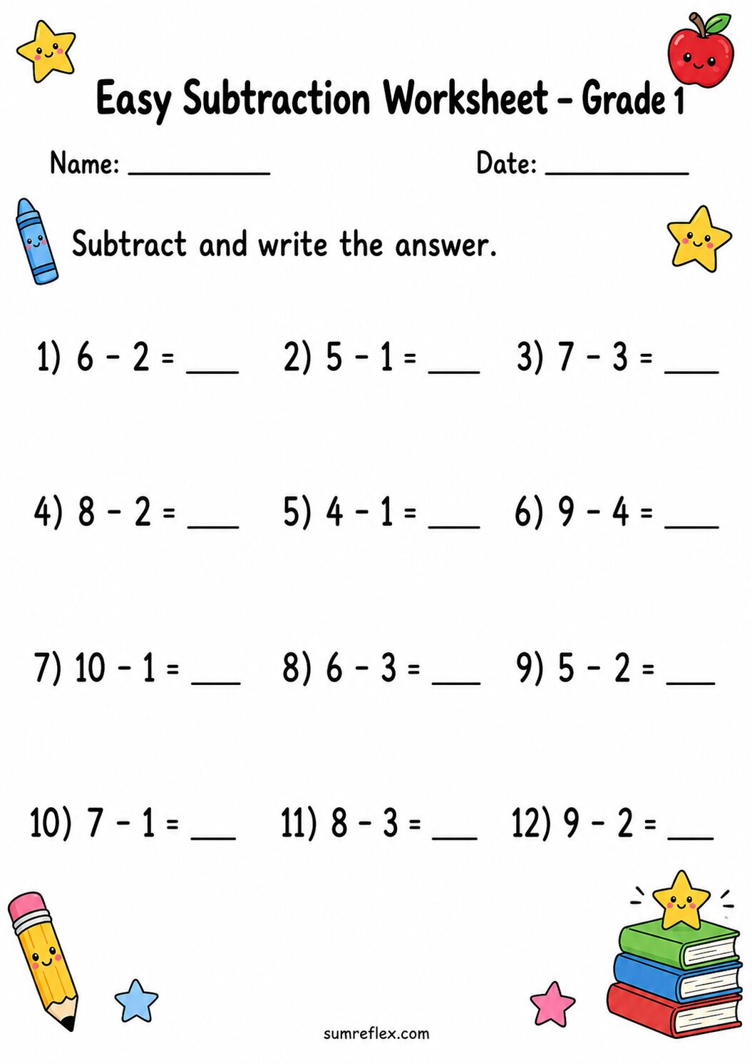 Grade 1 take-away subtraction practice worksheet with easy facts and answer blanks