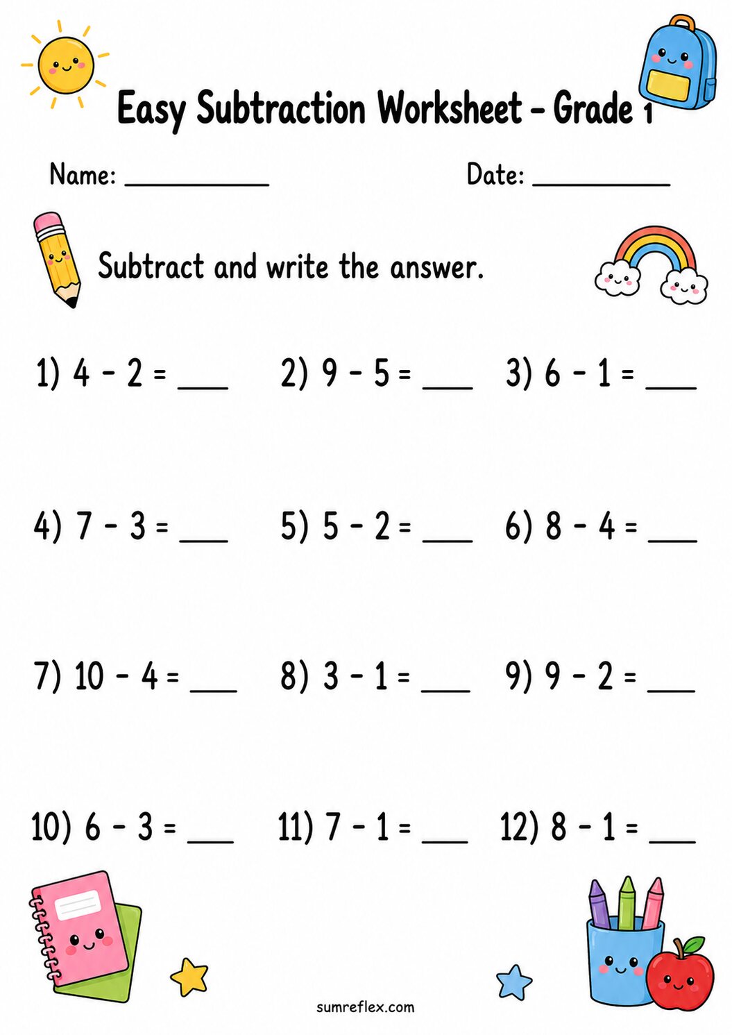 Subtraction to 10 review worksheet for Grade 1 with simple answer spaces