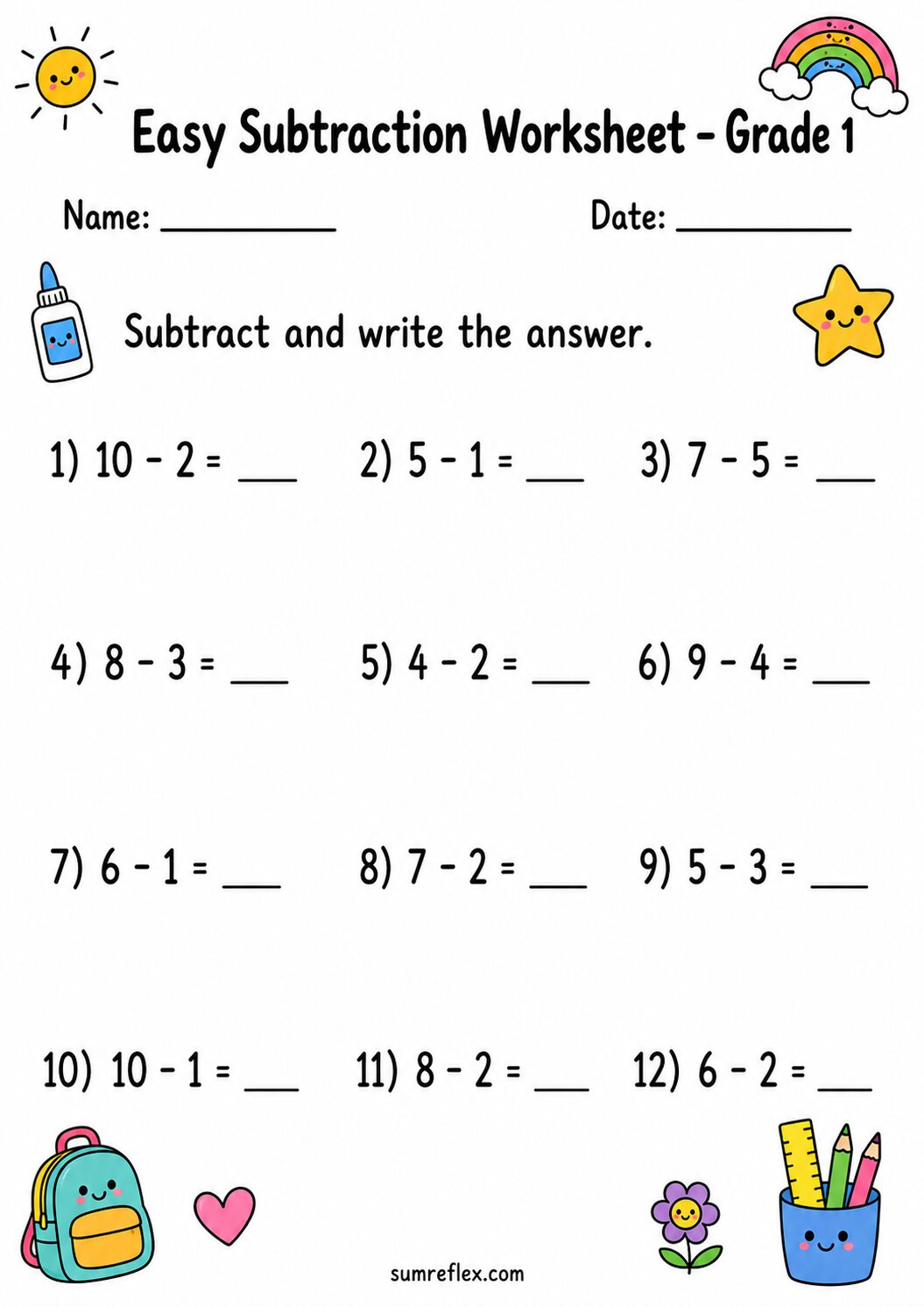 Grade 1 subtraction within 10 practice worksheet with mixed small differences