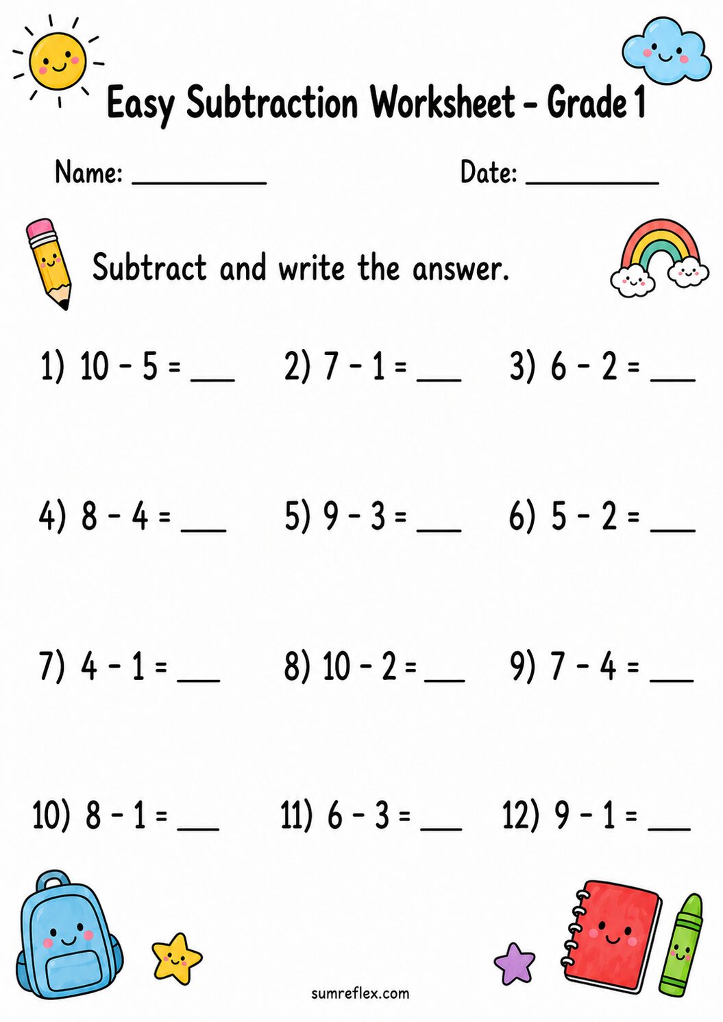Grade 1 warmup worksheet for subtraction within 10 with clean answer blanks