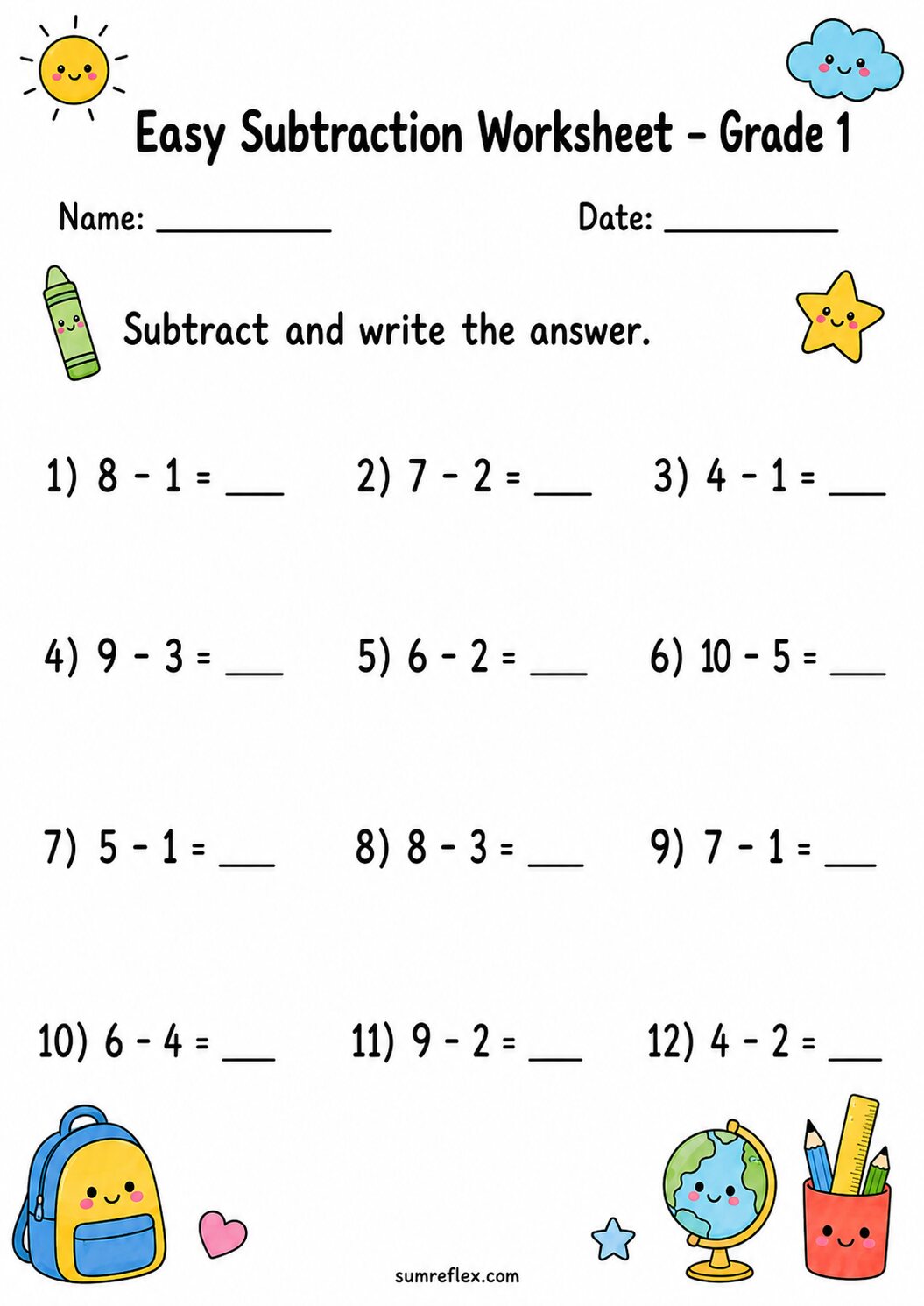 Subtraction within 9 worksheet for Grade 1 with small take-away facts
