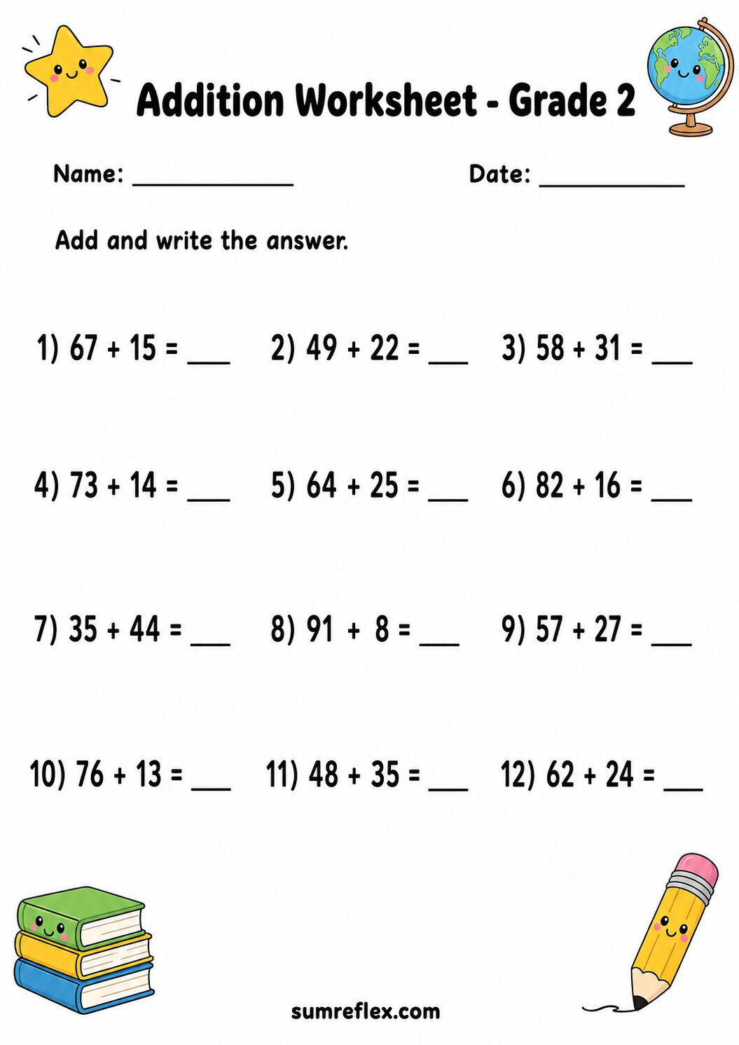 Addition to 100 worksheet for Grade 2 with two-digit problems and blank answers