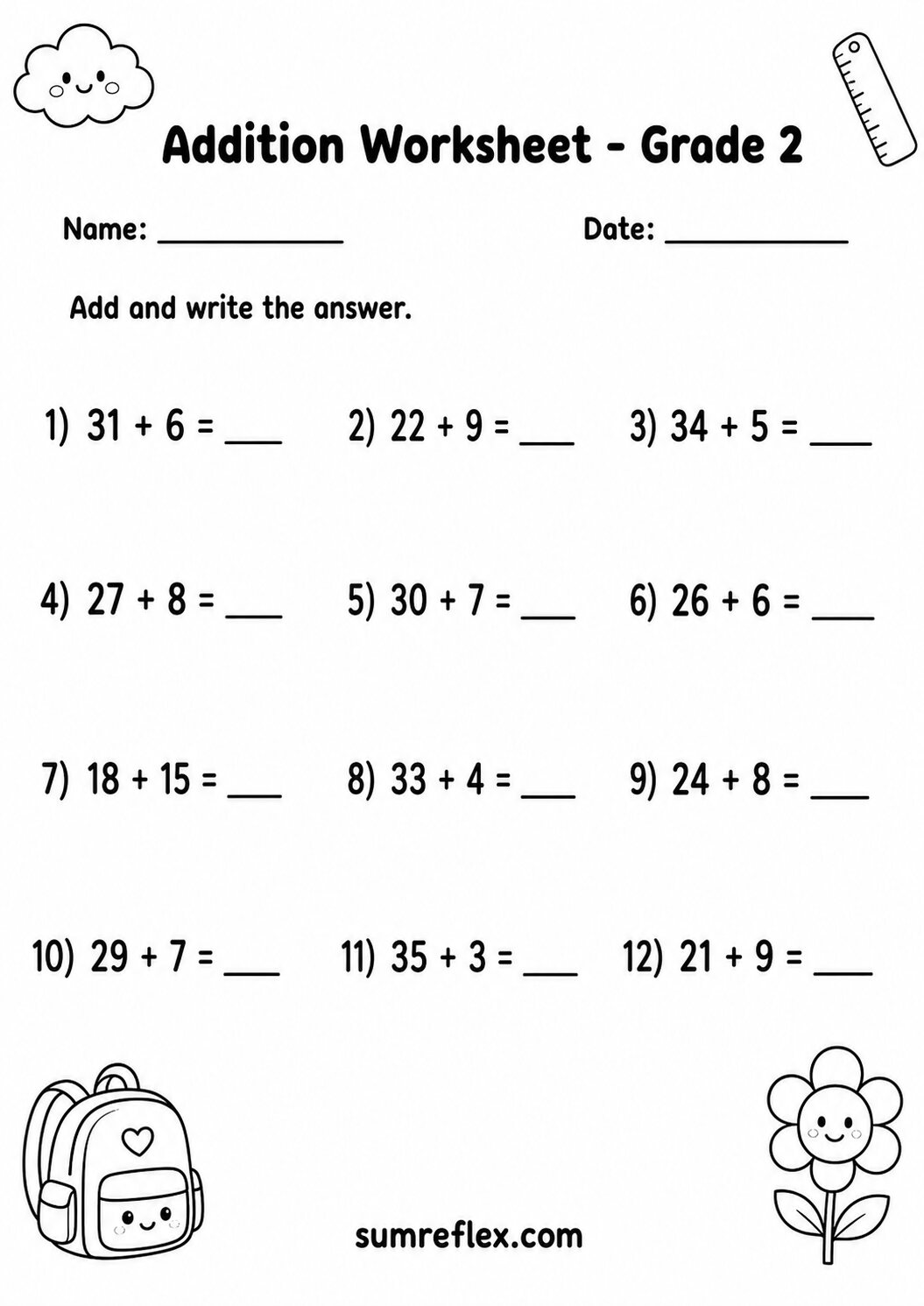 Addition to 40 worksheet for Grade 2 with two-digit sums and answer blanks
