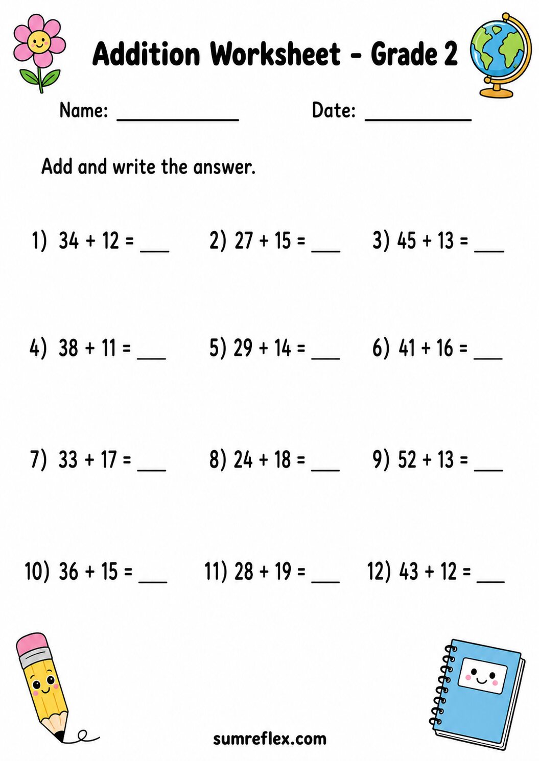 Addition to 60 worksheet for Grade 2 with mixed two-digit and teen addends