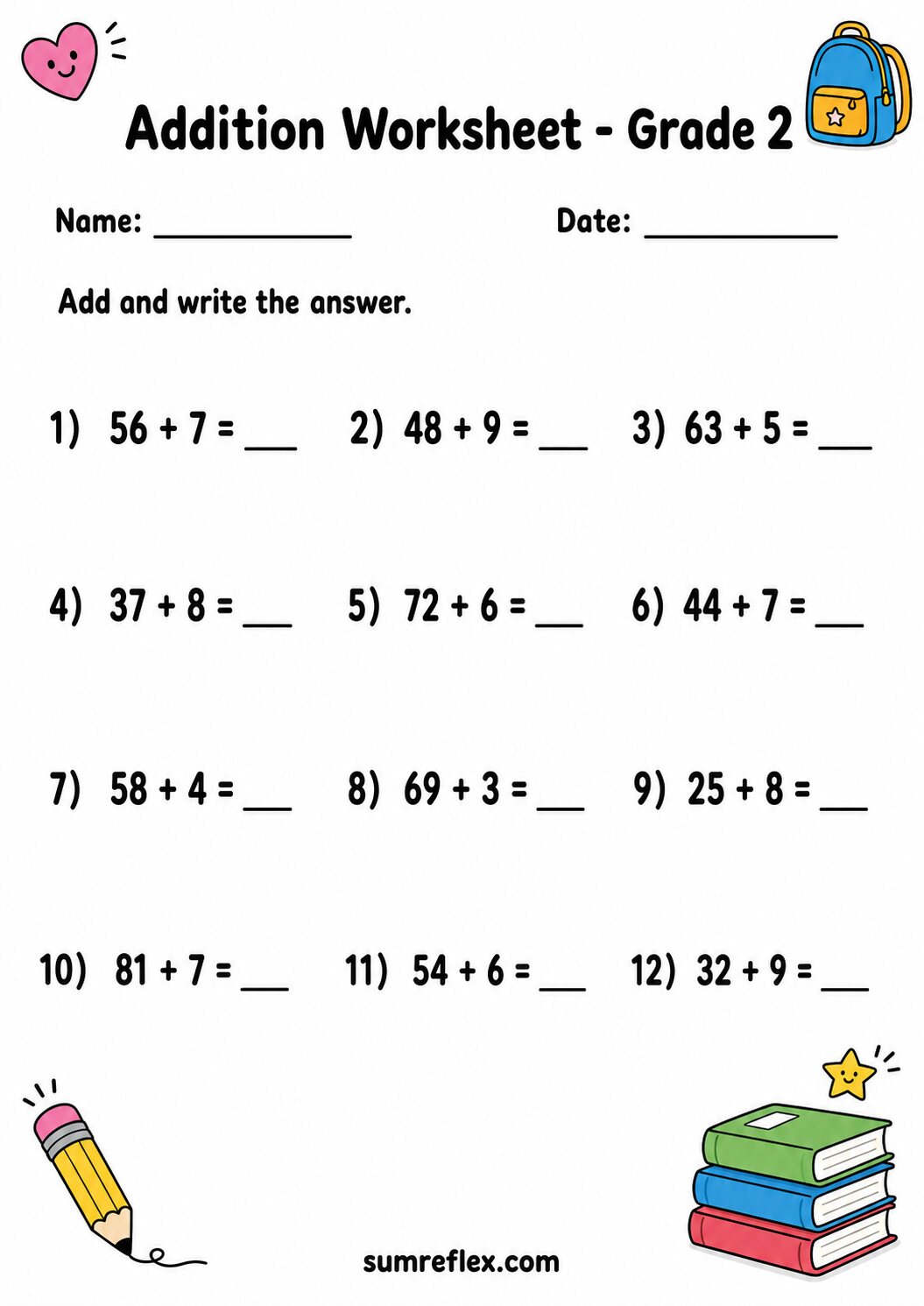 Grade 2 addition to 90 worksheet with larger two-digit sums and answer blanks