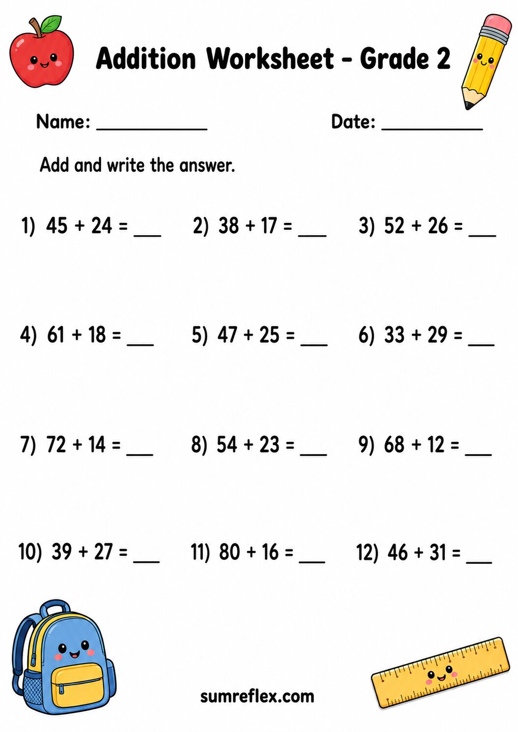 Mixed two-digit addition worksheet for Grade 2 with varied sums and answer lines