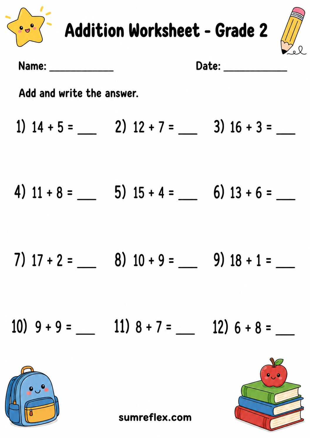 Grade 2 two-digit addition practice worksheet with moderate sums and answer spaces