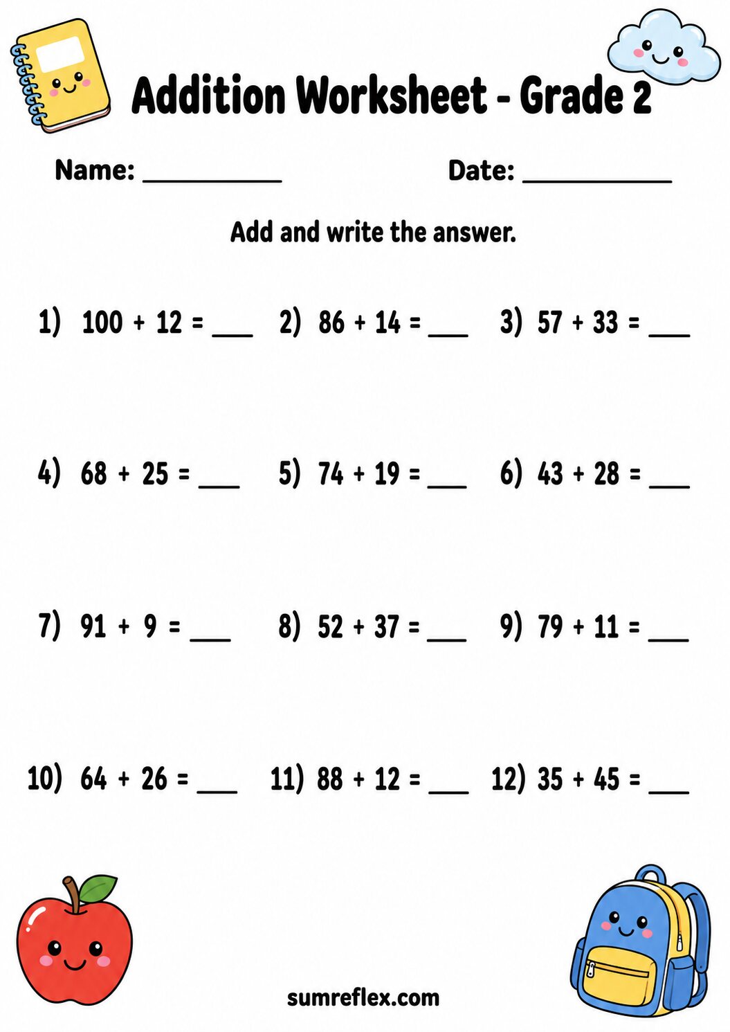 Grade 2 two-digit addition review worksheet with varied problems and answer blanks