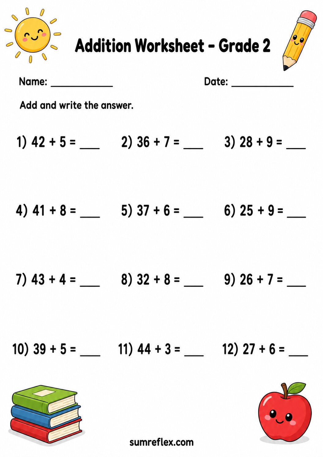 Grade 2 two-digit addition to 50 worksheet with classroom-style problems