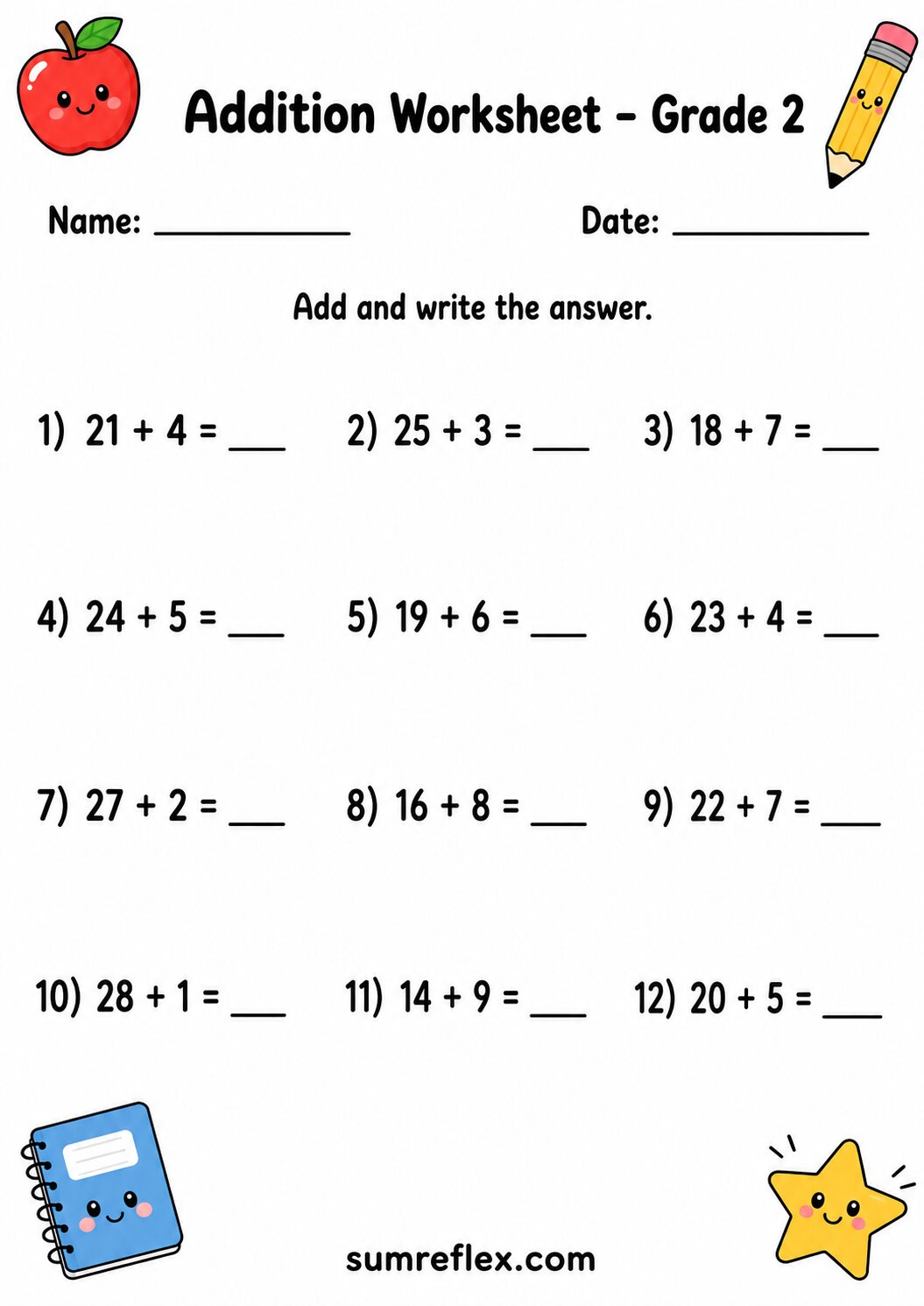 Two-digit addition with small addends worksheet for Grade 2 with horizontal equations