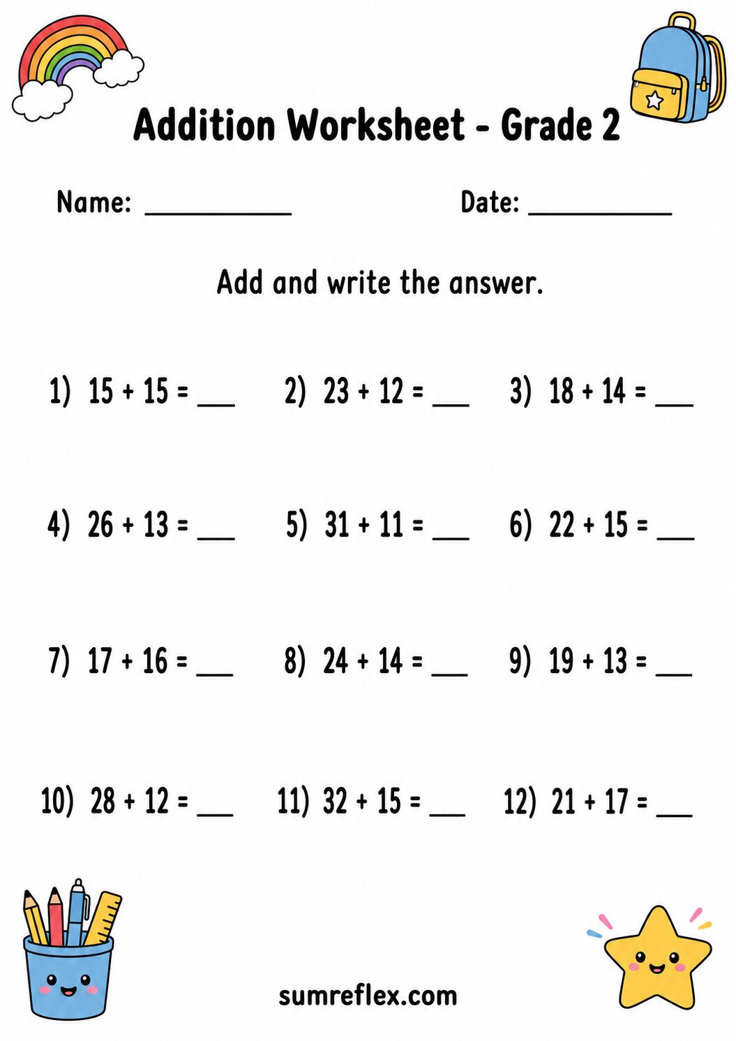 Two-digit addition with teen addends worksheet for Grade 2 with answer spaces
