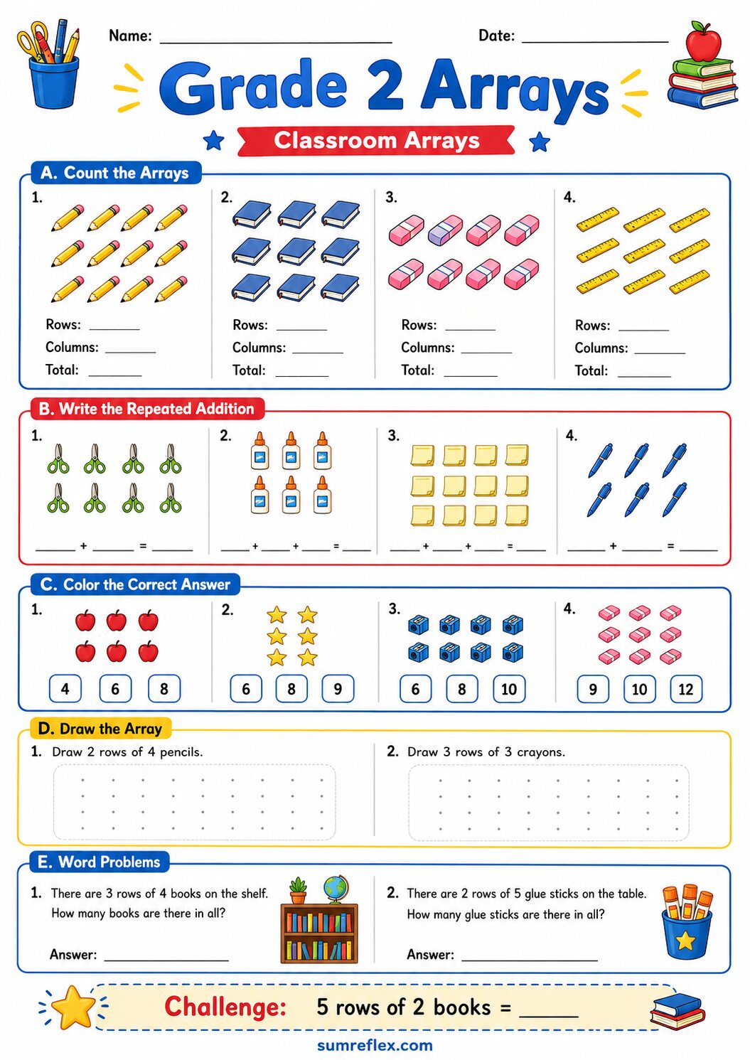 Grade 2 classroom arrays worksheet with school supplies arranged for row counting