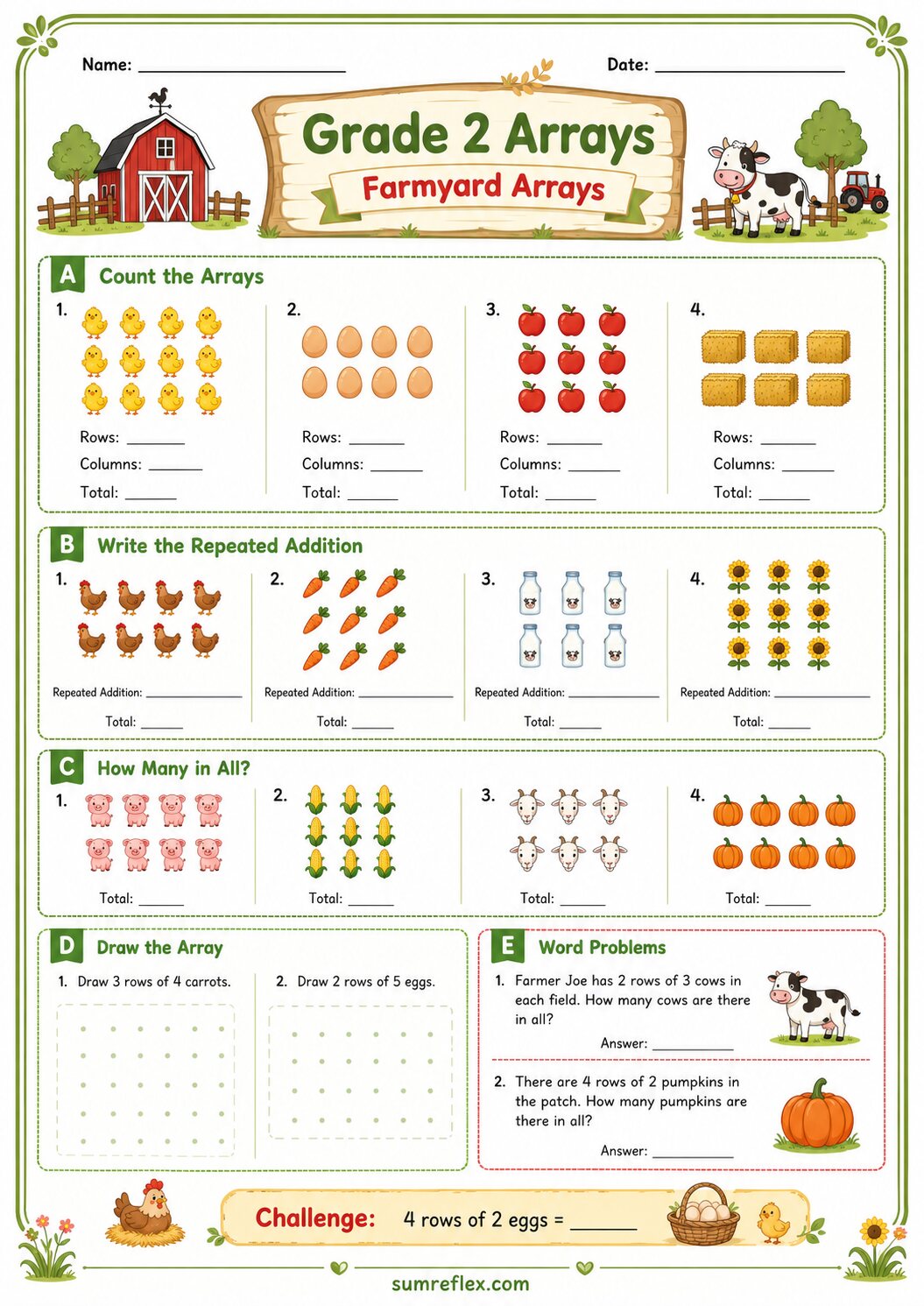 Grade 2 farmyard arrays worksheet with animals and crop rows for repeated addition