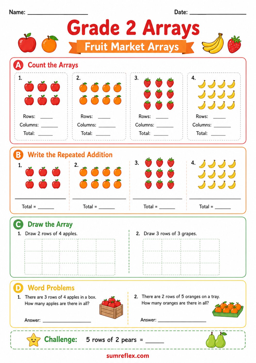 Grade 2 printable worksheet preview with arrays, addition, subtraction, and early math practice