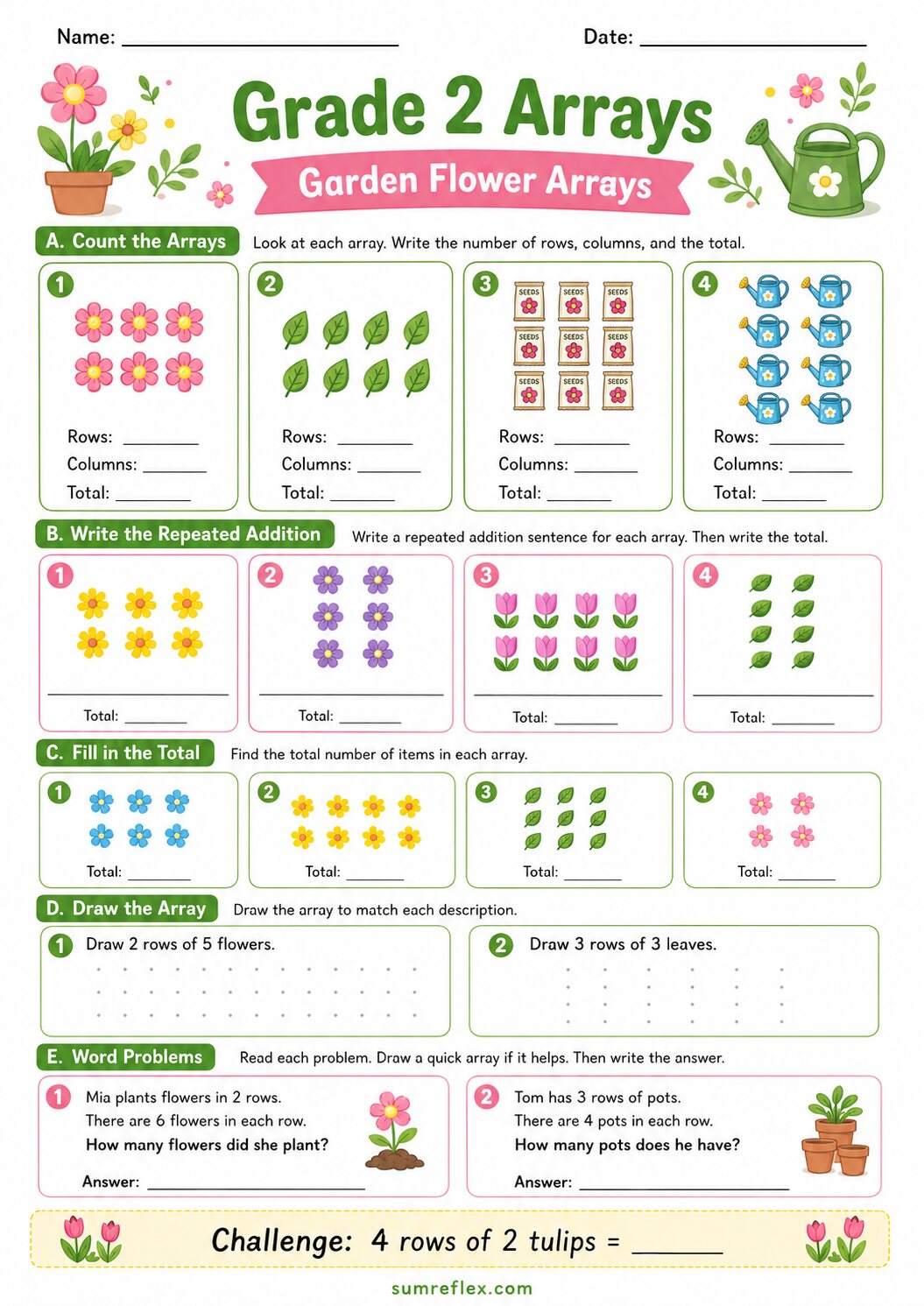 Grade 2 garden flower arrays worksheet with flower rows and column counting