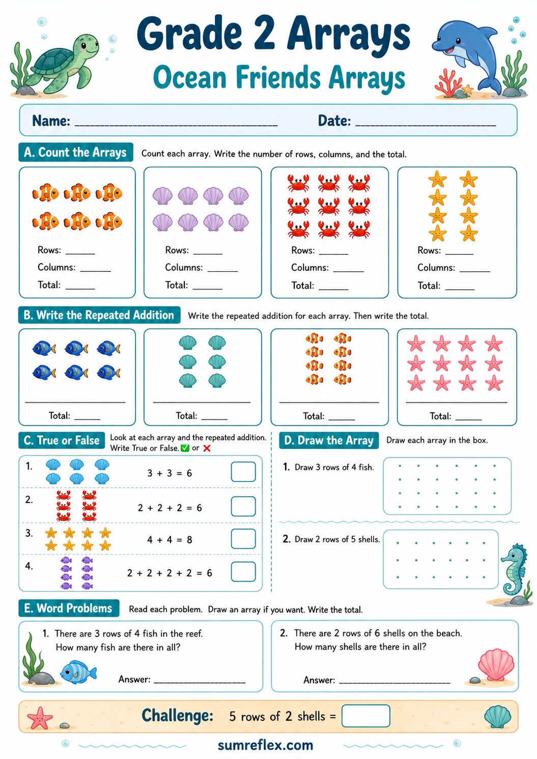 Grade 2 ocean friends arrays worksheet with sea creatures in organized rows