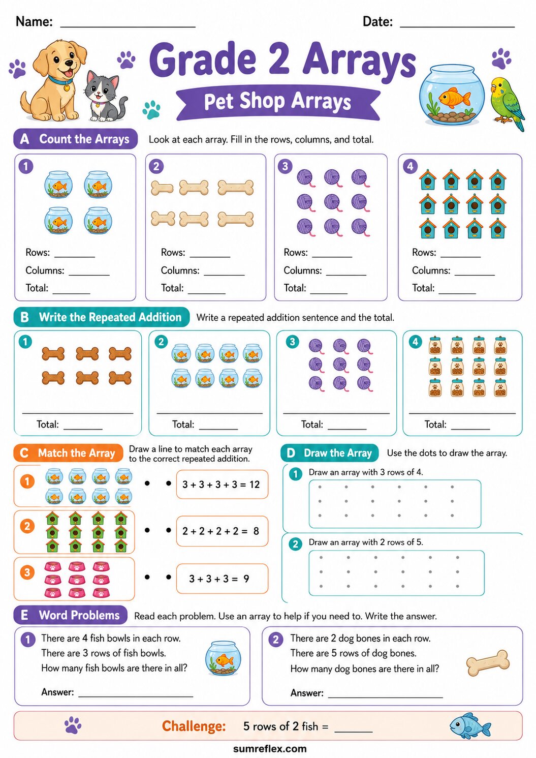 Grade 2 pet shop arrays worksheet with animal groups and repeated addition practice