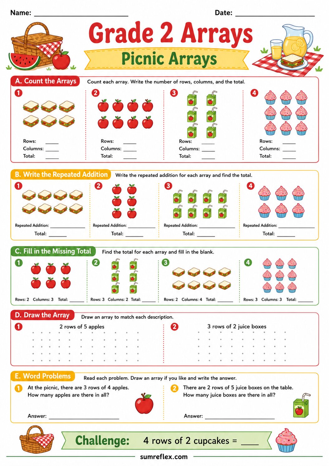 Grade 2 picnic arrays worksheet with food groups arranged in rows and columns